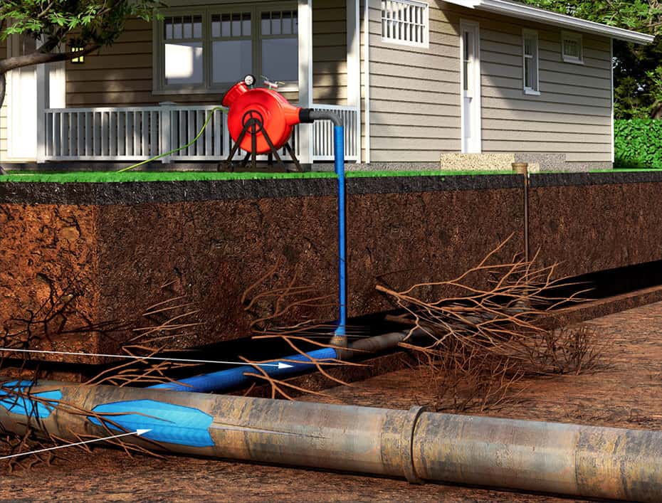 Hydro jetting / hydrovac diagram showing pressurized water clearing roots and debris from a buried sewer line