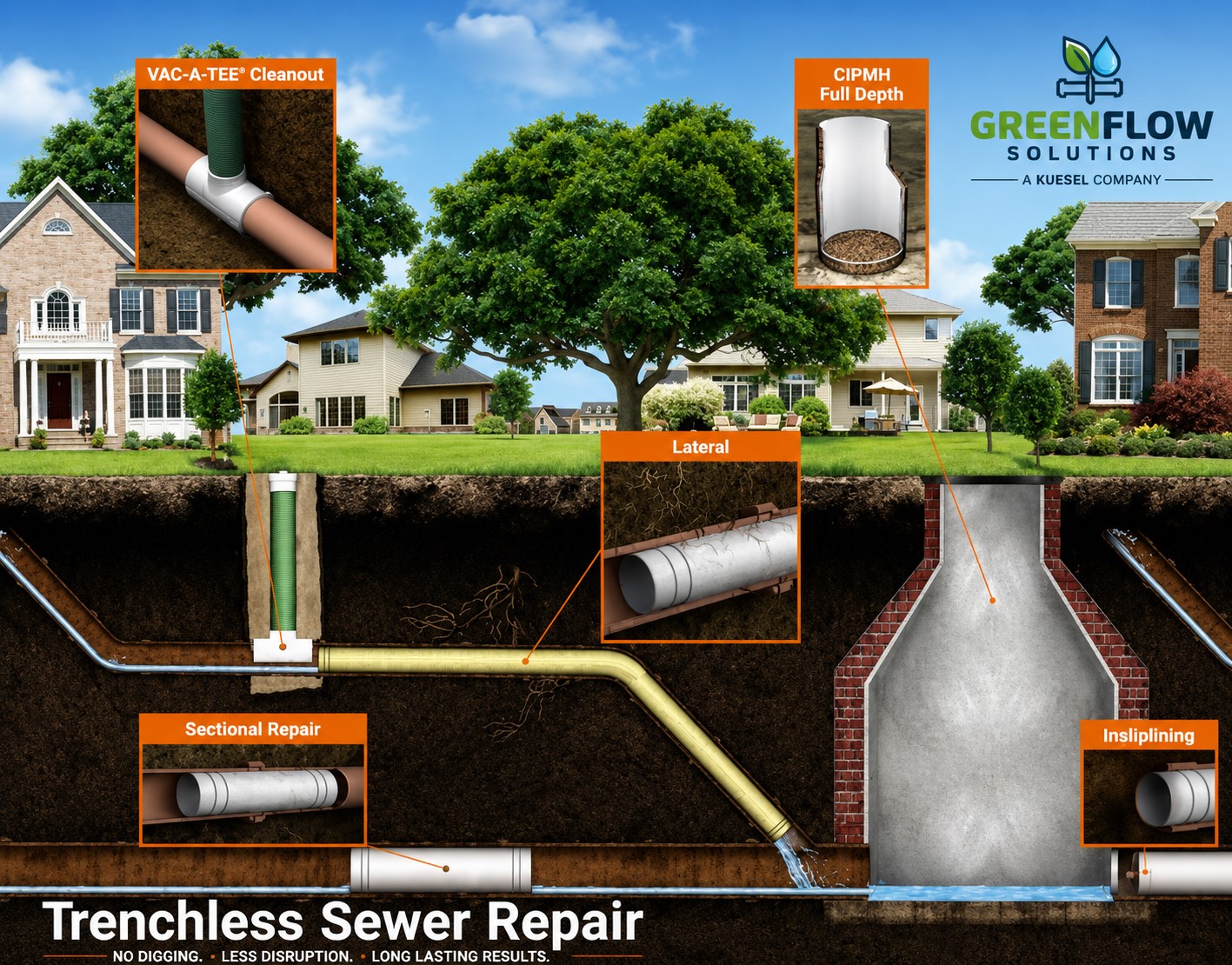 GreenFlow Solutions trenchless sewer repair diagram — VAC-A-TEE cleanout, lateral, CIPMH full depth, sectional repair, and slip lining
